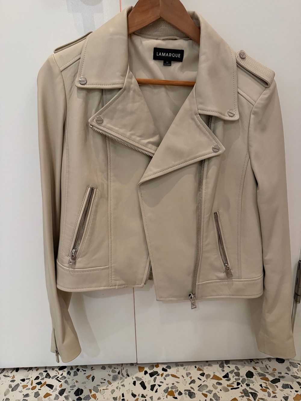 Lamarque Beige Leather Moto Jacket